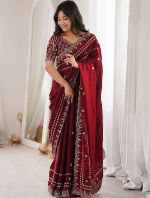 Maroon maroon embellished embroidered satin heavy work saree unstiched blouse 2