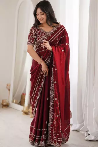 Maroon maroon embellished embroidered satin heavy work saree unstiched blouse