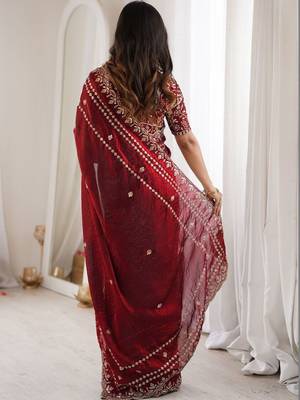 Maroon maroon embellished embroidered satin heavy work saree unstiched blouse 3