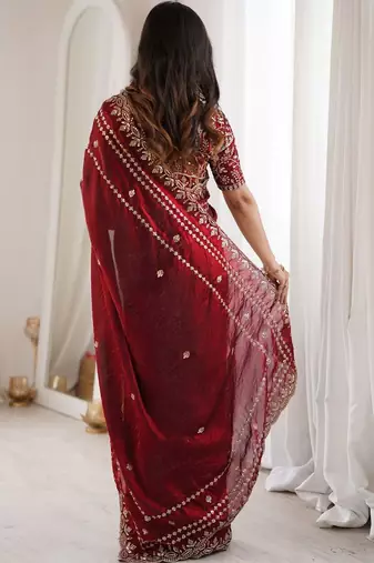 Maroon maroon embellished embroidered satin heavy work saree unstiched blouse