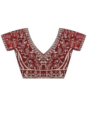 Maroon maroon embellished embroidered satin heavy work saree unstiched blouse 4