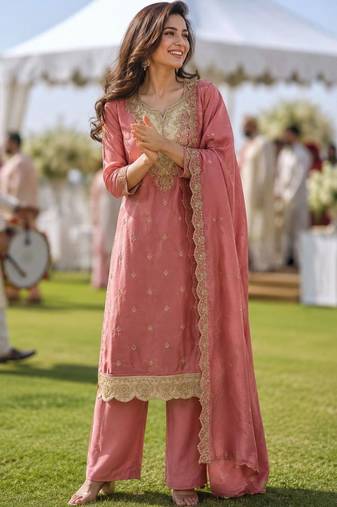 women ethnic motifs embroidered regular kurta with palazzos & with dupatta