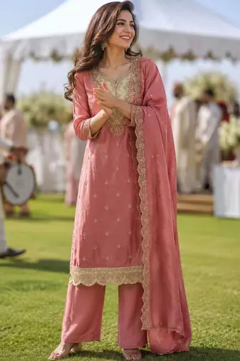 women ethnic motifs embroidered regular kurta with palazzos & with dupatta