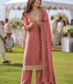 women ethnic motifs embroidered regular kurta with palazzos & with dupatta
