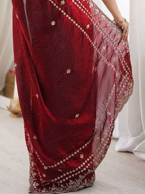 Maroon maroon embellished embroidered satin heavy work saree unstiched blouse 5