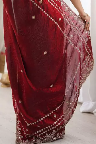 Maroon maroon embellished embroidered satin heavy work saree unstiched blouse