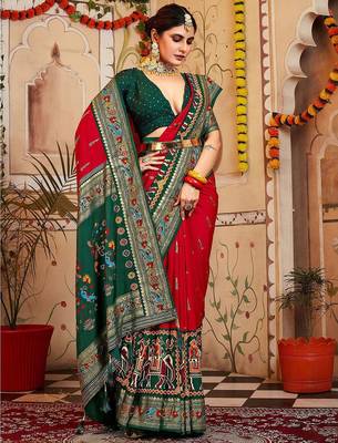 Red ethnic motifs printed zari patola saree 1