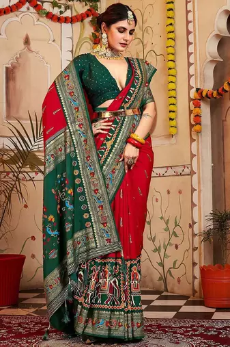 Red ethnic motifs printed zari patola saree