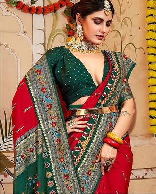 Red ethnic motifs printed zari patola saree 2