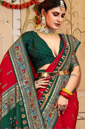Red ethnic motifs printed zari patola saree