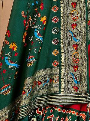 Red ethnic motifs printed zari patola saree 3