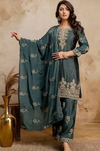 women embroidered regular kurta with palazzos & with dupatta