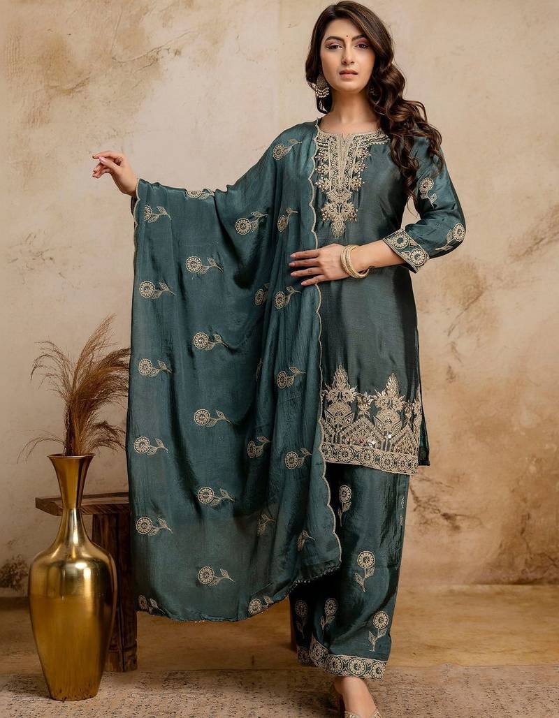 women embroidered regular kurta with palazzos & with dupatta