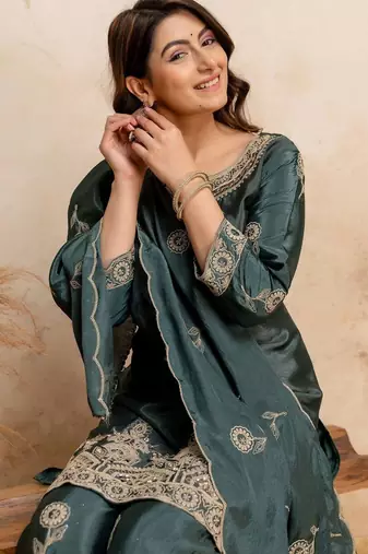 women embroidered regular kurta with palazzos & with dupatta