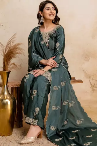 women embroidered regular kurta with palazzos & with dupatta