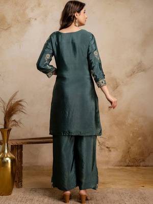 women embroidered regular kurta with palazzos & with dupatta 4