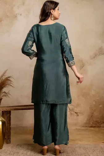 women embroidered regular kurta with palazzos & with dupatta