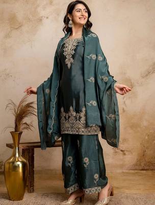women embroidered regular kurta with palazzos & with dupatta 5