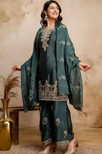 women embroidered regular kurta with palazzos & with dupatta