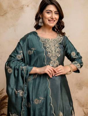 women embroidered regular kurta with palazzos & with dupatta 7