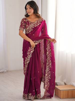 Pink embellished embroidered satin heavy work saree 1