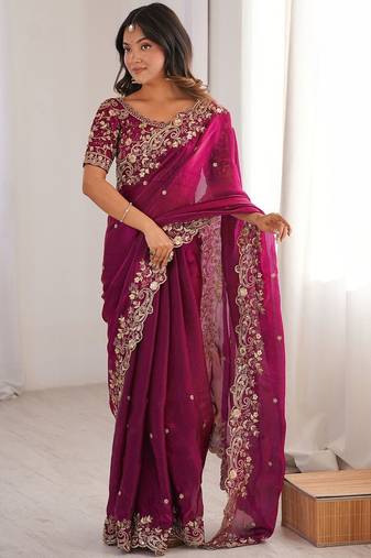 Pink embellished embroidered satin heavy work saree