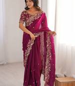 Pink embellished embroidered satin heavy work saree