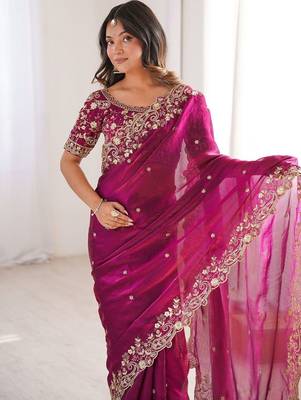 Pink embellished embroidered satin heavy work saree 2