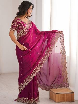 Pink embellished embroidered satin heavy work saree 3