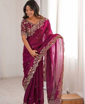 Pink embellished embroidered satin heavy work saree 4