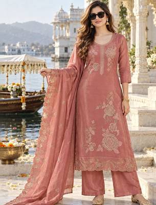 women ethnic motifs embroidered kurta with palazzos & with dupatta 1