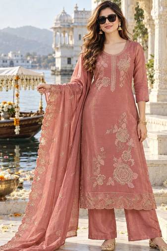 women ethnic motifs embroidered kurta with palazzos & with dupatta