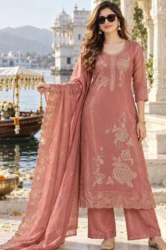 women ethnic motifs embroidered kurta with palazzos & with dupatta