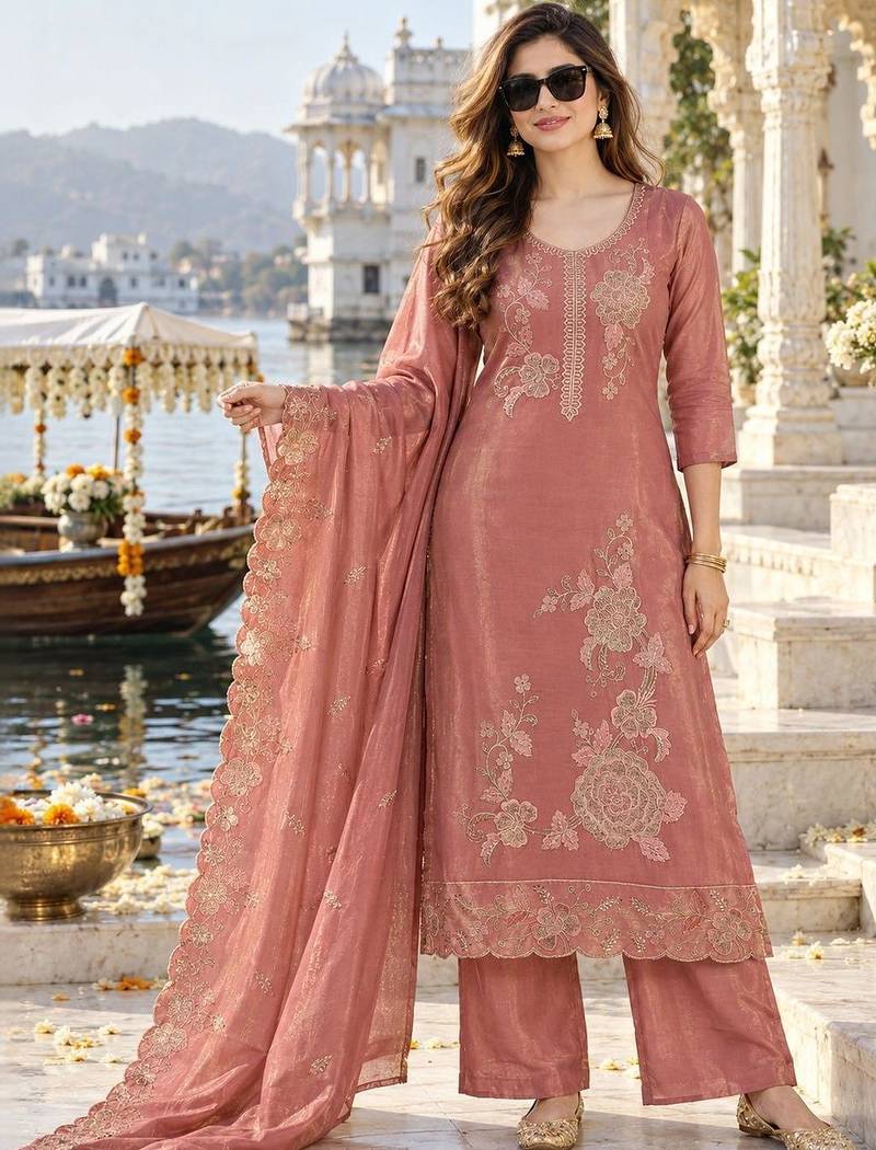 women ethnic motifs embroidered kurta with palazzos & with dupatta