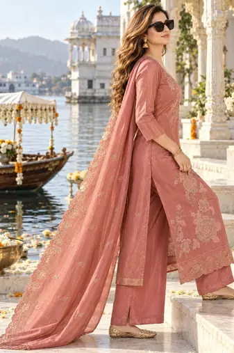 women ethnic motifs embroidered kurta with palazzos & with dupatta