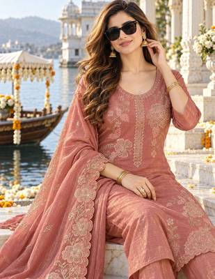 women ethnic motifs embroidered kurta with palazzos & with dupatta 4
