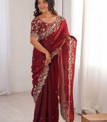 Maroon embellished embroidered satin heavy work saree