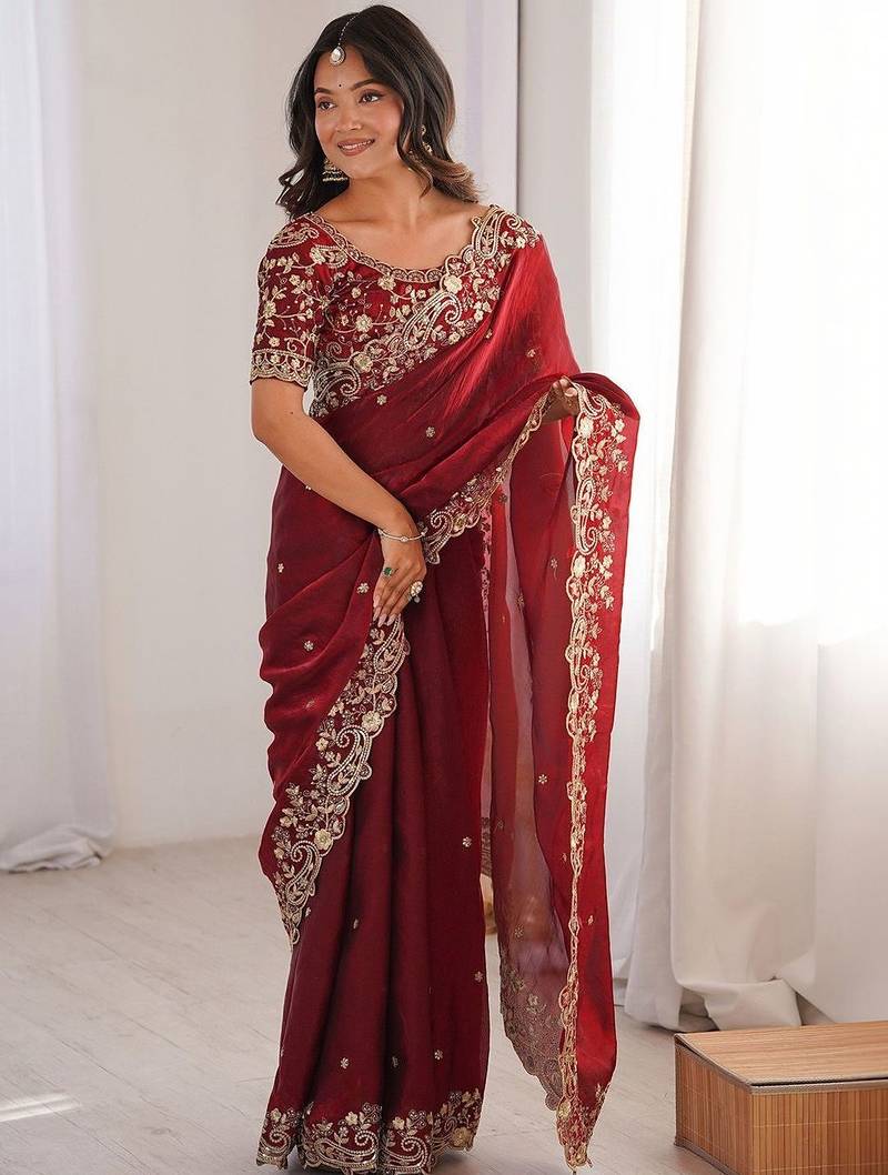 Maroon embellished embroidered satin heavy work saree