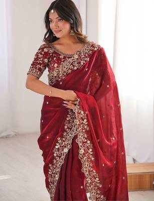 Maroon embellished embroidered satin heavy work saree 2