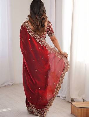 Maroon embellished embroidered satin heavy work saree 3