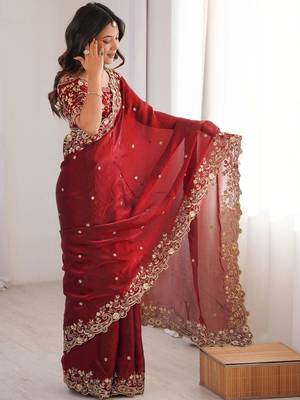 Maroon embellished embroidered satin heavy work saree 4