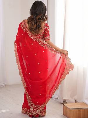 Red ethnic motifs embroidered satin heavy work saree 2