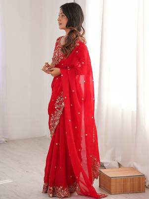 Red ethnic motifs embroidered satin heavy work saree 3