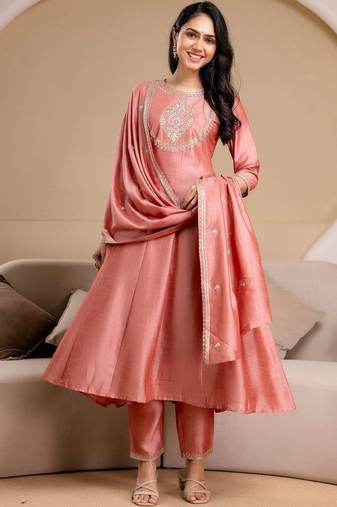 women ethnic motifs embroidered regular thread work  silk kurta with trousers & with dupatta