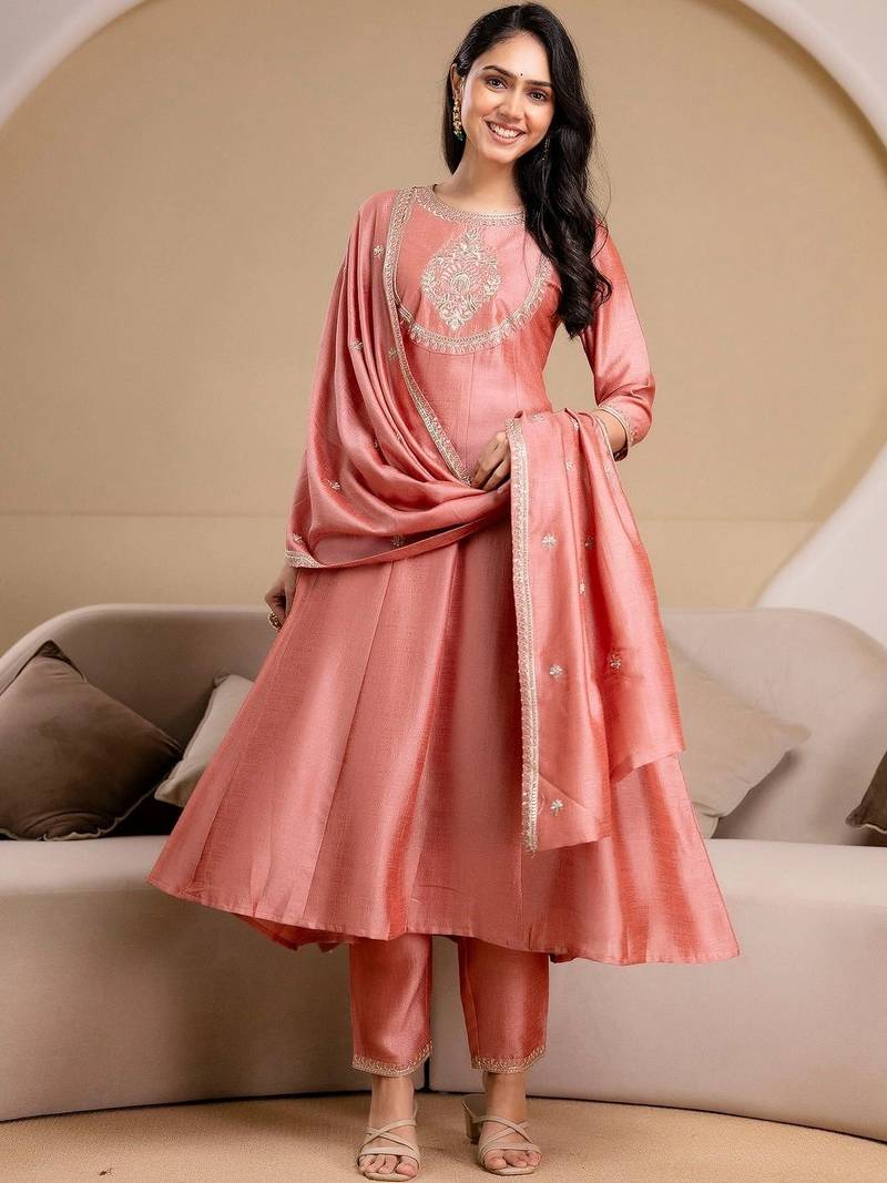 women ethnic motifs embroidered regular thread work  silk kurta with trousers & with dupatta