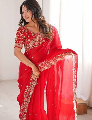 Red ethnic motifs embroidered satin heavy work saree 4
