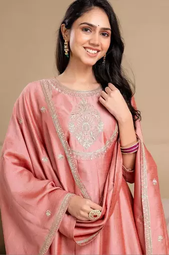 women ethnic motifs embroidered regular thread work  silk kurta with trousers & with dupatta