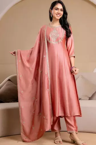 women ethnic motifs embroidered regular thread work  silk kurta with trousers & with dupatta