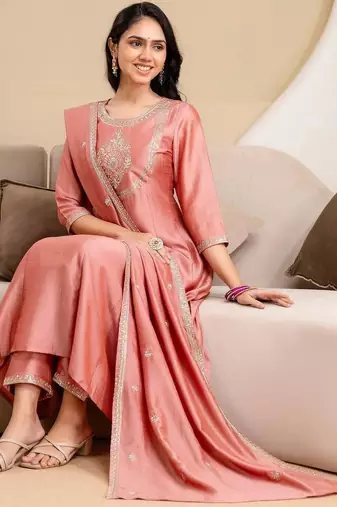 women ethnic motifs embroidered regular thread work  silk kurta with trousers & with dupatta