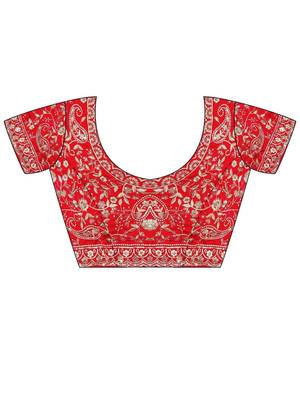 Red ethnic motifs embroidered satin heavy work saree 5